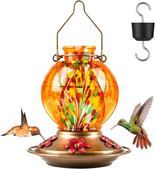 BOLITE Hummingbird Feeder, Hand Blown Glass Hummingbird Feeders for Outdoors Hanging, with Ant Moat and 5 Feeding Ports, 20 Ounces, Meshy Texture Ball Shape Bottle, Orange, Gifts for Women Men
