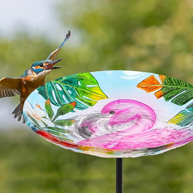 MUMTOP Bird Baths for Outdoors, Glass Bird Bath Stake, Flamingo Birdbaths & Support, Bee Baths for Garden, Outside, Lawn, Outdoor Decor