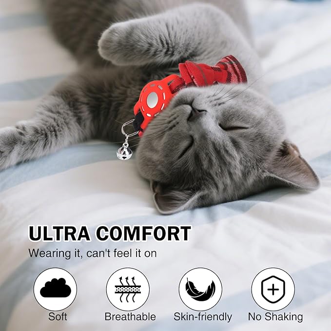 Airtag Cat Collar with Bells and Bowtie -Safety Elastic Band Kitten Collar for Apple Air Tag Holder- Cute GPS Cat Tracker Collars for Girl Boy Cats and Puppies, Adjustable 8"-12" Red