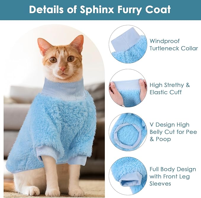 SUNFURA Sphynx Cat Sweater, Hairless Cats Turtleneck Pullover Kitten Sweaters for Cats Only, Warm and Soft Cat Pajamas Shirt with Sleeves Pet Winter Clothes Fleece Jumpsuit for Puppy, Blue S