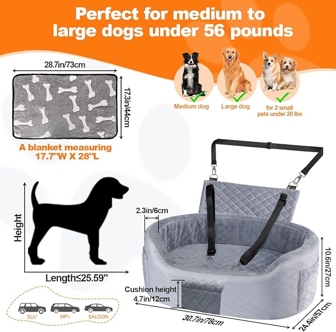 Dog Car Seat for Medium Large Dogs Up to 25.59", 28D High-Density Memory Foam with Waterproof Cover, Pet Travel Bed with Storage Pockets, Blanket, Dog Safety Belt, Grey