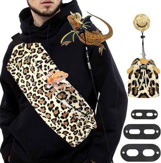 Bearded Dragon Leash and Harness Set, Bearded Dragon Accessories(Include Leopard Print Chest Pack, Lizard Clothing＆Leash, Small Straw Hat), Beardeds Dragon Decor Suit for Outdoor Travel