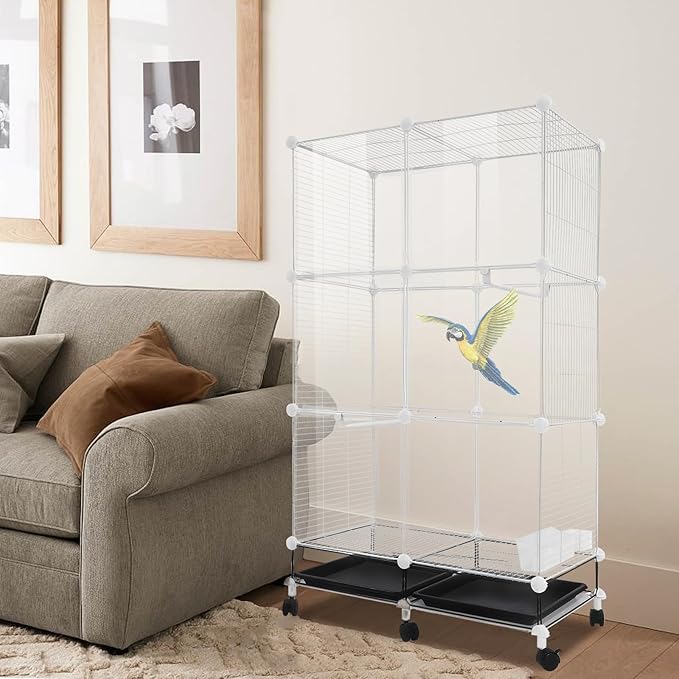 49" H Wrought Iron Bird Cage Parrot Cage, 3-Tier Movable Birdcage Parakeet Cage w/Wheels, 360° View Spacious Interactive Bird House Pet Bird Flight Cage for Medium&Small Birds (Transparent)