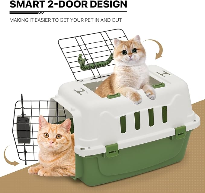 MoNiBloom 18-Inch 2-Door Top Loading Cat Carrier, Plastic Dog Crate Hard-Sided Dog Travel Carrier for Small Dogs and Cats, Ventilation and Security Lock Design for Pets up to 10 lbs (Green)