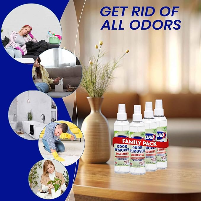 ZORBX Unscented Odor Eliminator for Strong Odor 7.5 Fl Oz, Pack of 4 - Used in Hospitals & Healthcare Facilities - Advanced Formula, Fast-Acting Odor Remover Spray for Dog, Cat, House & Carpet