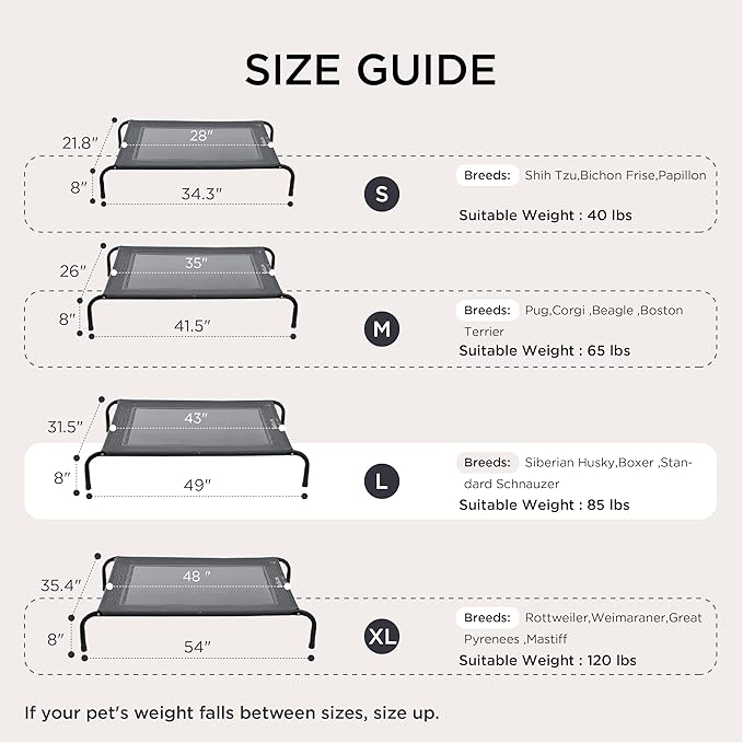 Bedsure Outdoor Elevated Dog Bed Large Sized Dog, Portable Indoor & Outdoor Cooling Raised Cot Pet Hammock Bed with Skid-Resistant Feet, Frame with Breathable Mesh, Striped Grey, 49 inches