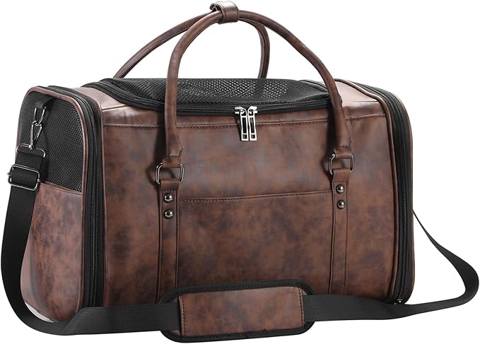 Stylish Leather Pet Carrier for Small Dogs and Cats Up to 15 lbs, Airline Approved Lightweight Travel Tote with Breathable Mesh and Shoulder Strap Coffee