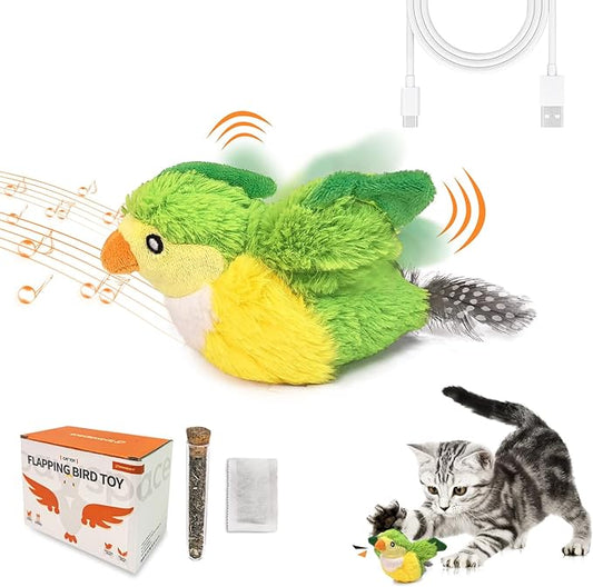 Interactive Flapping Bird Cat Toy with Catnip, Touch Activated Rechargeable, Musical Sound (can Turn Off), Satisfy Cat's Natural Huting Instinct, Soft Plush Washable Cover (Green)