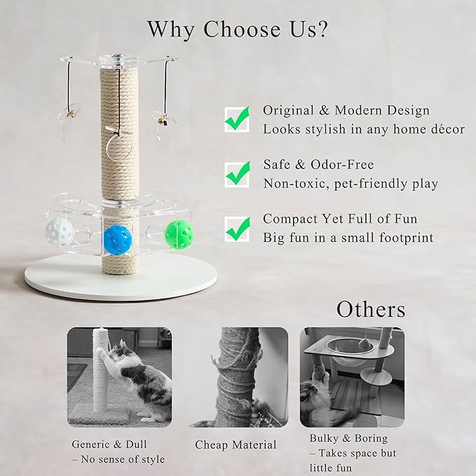 Modern 3-in-1 Interactive Cat Toy with Scratching Post, Rotating Cat Puzzle Toys for Indoor Cats with Colorful Jingle Balls, Spinning Teaser Disc with Dangling Toys, Acrylic, White