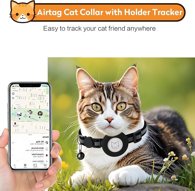 2 Pack Airtag Cat Collar with Bell, Reflective Nylon Kitten Collar with Apple Air Tag Holder and Breakaway Safety Buckle for Puppy Girl Boy Cats, 3/8" in Width and Lightweight, Black/Purple