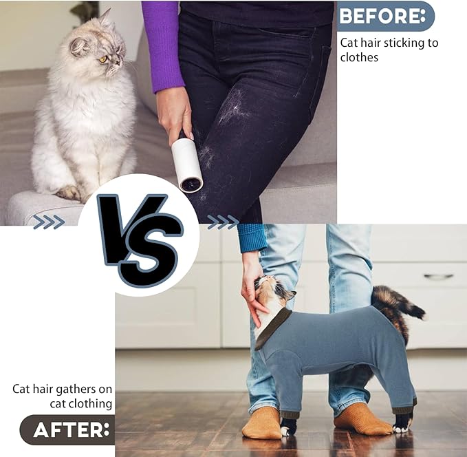 QBLEEV Cat Pajamas for Cats Only, Sticky Hair Cat Clothes, Cat Onesie for Cats After Surgery Female Male, Surgical Cat Recovery Suit Full Bodysuit, Long Sleeve Cat Shirts Outfits to Prevent Licking