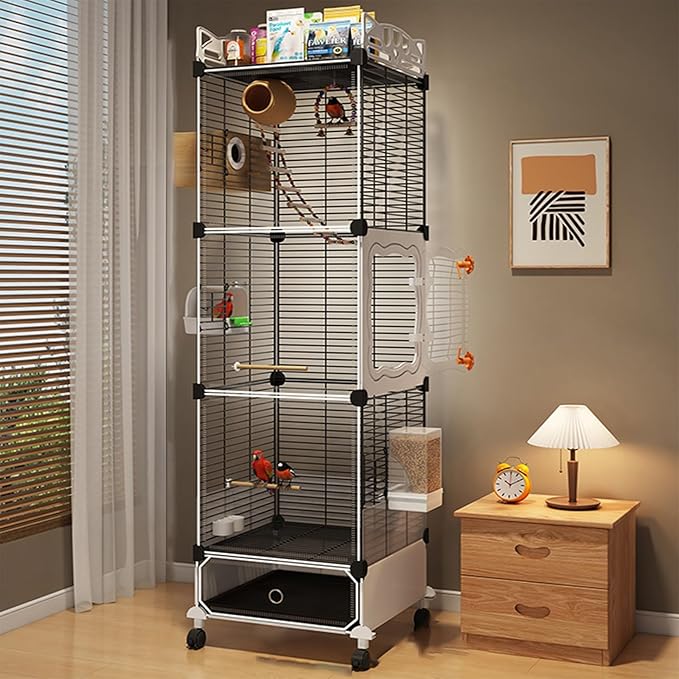 Large Parrot Cage with Acrylic Doors, 4 Casters, Perch & Feeder, Detachable Drawer, Ideal for Cockatiels, Budgies, Conures, Indoor/Outdoor Use – Spacious White Birdcage(Black,36 * 36 * 142)