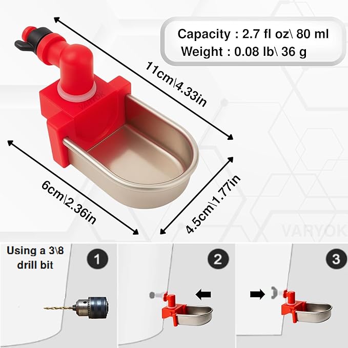 Heavy Duty Large Auto Metal 4 Pack Chicken Water Cups Chicken Waterer Cups for Poultry Rabbit Watering System and Small Animals Leak Proof Stainless Steel Fits 5 Gallon Bucket and PVC Pipes