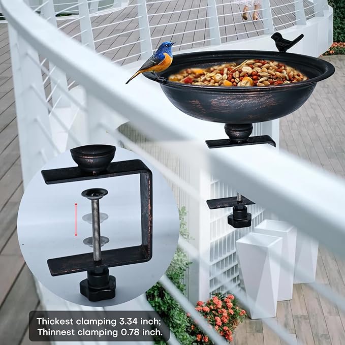 12-Inch Metal Bird Bath and Feeder for Outdoors, Deck Mounted Bird Bath with Detachable Basin, Garden Bird Bath for Balcony, Porch, and Railing, Outdoor Bird Decor, Bronze Color, Easy to Clean