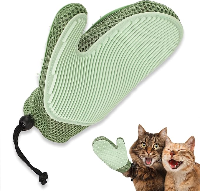 2 in 1 Pet Fur Glove & Cat Hair Remover Glove, Dog Grooming Glove Brush for Shedding, Massage, Efficient Pet Hair Remover Mitt for Couch, Carpet [Green/Single]