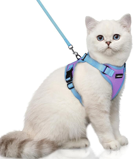 rabbitgoo Cat Harness and Leash Set, Escape Proof Soft Adjustable Vest Harnesses for Outdoor Walking, Easy Control Breathable Kitten Jacket with Reflective Strips, Purple & Blue, XS