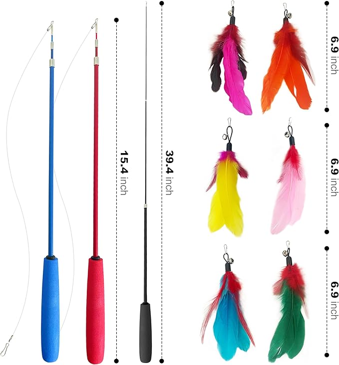 Retractable Cat Teaser Wand, 3 PCS Fishing Pole Cat Toys with 18 Feather Toy Refills, Interactive Cat Toys for Indoor Cats Play & Exercise