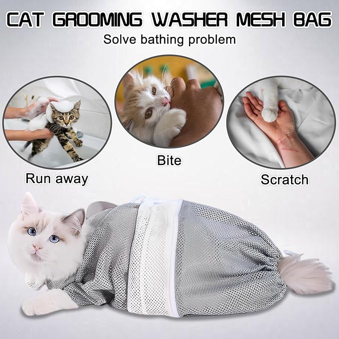FANOVO Cat Mesh Bathing Bag, Adjustable Cat Bath Bag with Nail Clipper, Bath Brush, Nail File & Comb, Anti-Scratch Shower Bag for Pet Grooming, Bathing & Restraint, Durable Washing Bag for Cats
