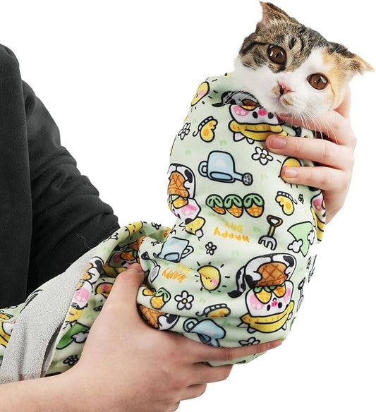 27.6" Large Cat Grooming Wrap – Anti-Escape Cat Wrap for Cutting Nails, Brushing & Medication – Soft, Comfortable, Reusable, Self-Adhering, Holds Cats Up to 15lbs (Cow Corn)