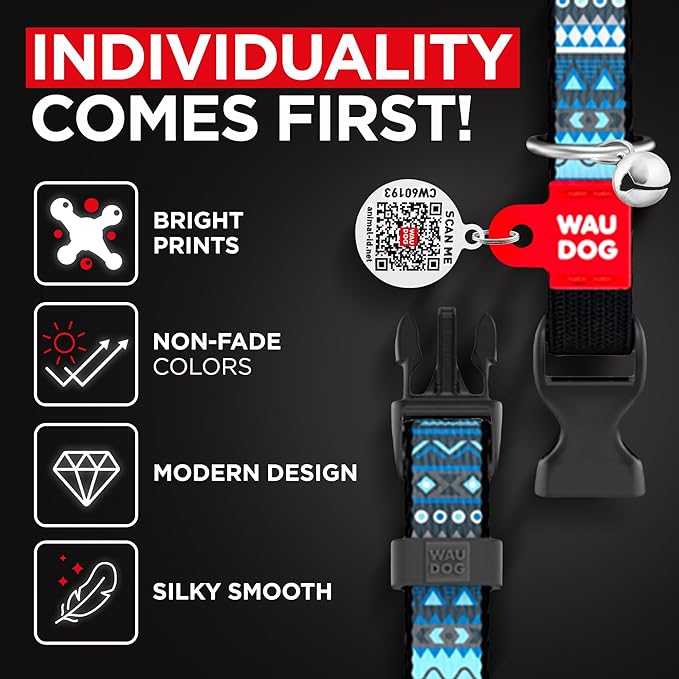 WAUDOG Nylon Cat Collar with Removable Bell and QR ID Tag for Small, Medium and Large Breeds Adjustable Long Lasting Durable Kitten Collars Boy & Girl