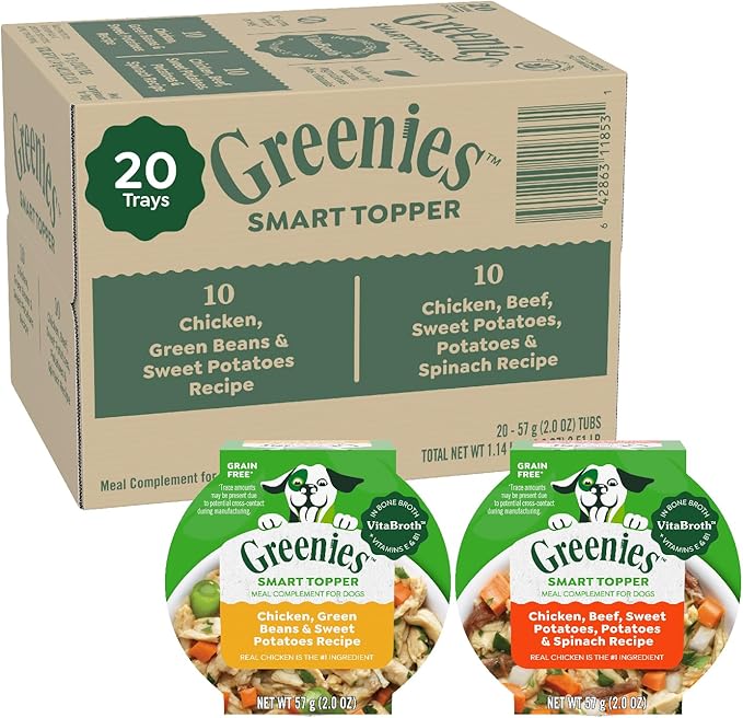 Greenies Smart Topper High Protein Wet Mix-in for Dogs, Chicken, Green Beans, and Sweet Potatoes Recipe & Chicken, Beef, Sweet Potato & Spinach Recipe Variety Pack, 20 Trays of 2oz.