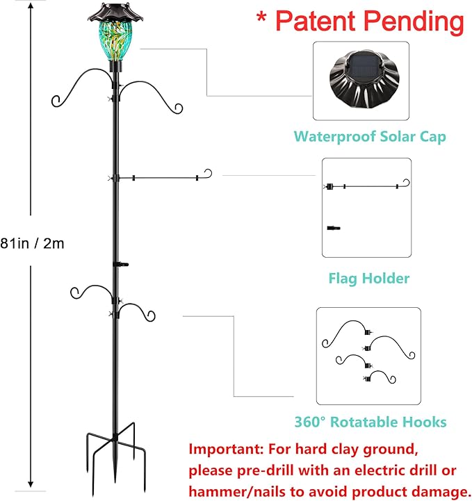 LUJII Solar Shepherds Hooks for Outdoors, Bird Feeder Pole with 4 Adjustable Hangers and 1 Flag Holder, Garden Stand for Hummingbird Feeders, Wind Chimes, Plant Baskets, Lanterns (Teal)