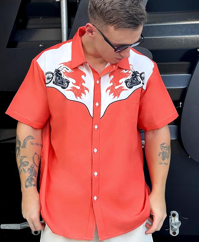 Men’s Hawaiian Shirt Western Cowboy Symmetrical Print Short Sleeve Button Down Casual Beach Holiday Summer Shirt