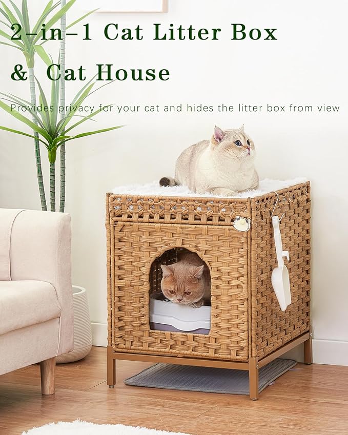 Cat Litter Box Enclosure Hidden Litter Box Furniture with Metal Heightened Feet, Rattan Handwoven Cat House with Litter Mat, Hidden Litter Box Furniture for Bedroom Living Room Natural