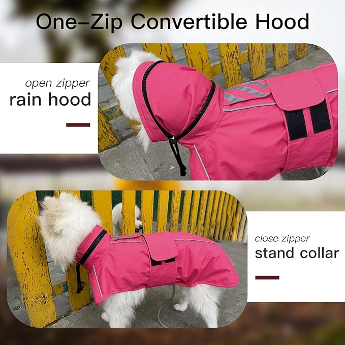 Dog Raincoat, Waterproof Dog Rain Jacket with Convertible Hood/Collar, Adjustable Belly-Protect Rain Coat for Meidum Dogs Poncho Reflective (Neon Pink, M)