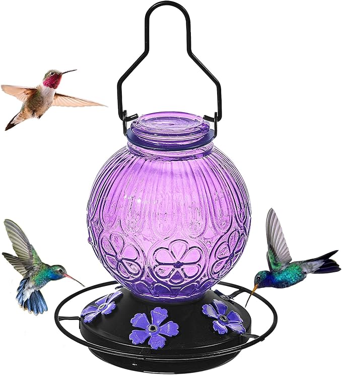 Glass Hummingbird Feeders for Outdoors Hanging, 23Oz Humming Bird Nectar Feeders with Perch, 5 Flower Feeding Ports, Leak Proof Base and Hook for Garden Decor, Gifts for Mom Women (Purple)