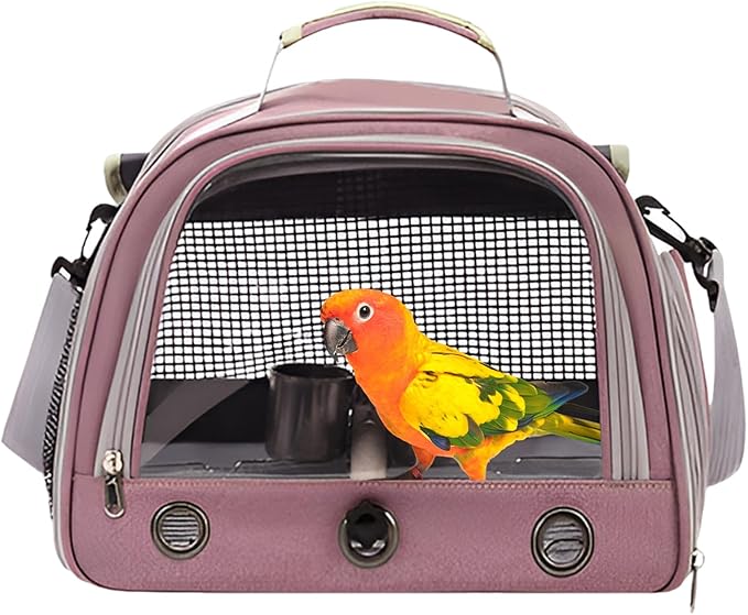 Bird Backpack,with Feeder Cups Tray Perch Portable Breathable Bird Carrier,for Small Birds Parrots Cockatiels (Pink)