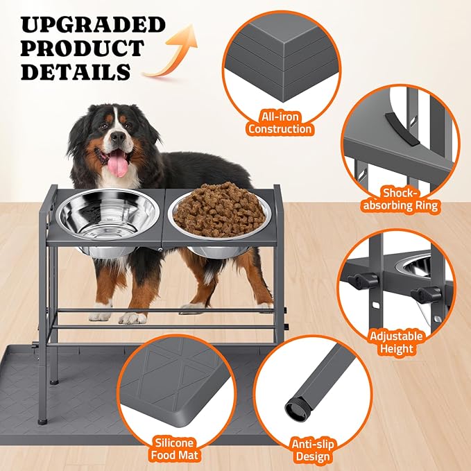 Elevated Dog Bowls - Metal Raised Dog Bowls for Large Breed with 3 Adjustable Heights, Perfect Sturdy Bowl Stands for Extra Large Sized Dogs, Grey with Feeding Mat