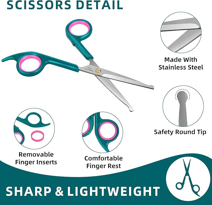 Professional 5 in 1 Pet Grooming Kit - Stainless Steel Dog & Cat Grooming Scissors with Rounded Tip Blades for Safe Fur Trimming, Thinning Shears, Straight Scissors, and Pet Comb (Green 5 in 1)