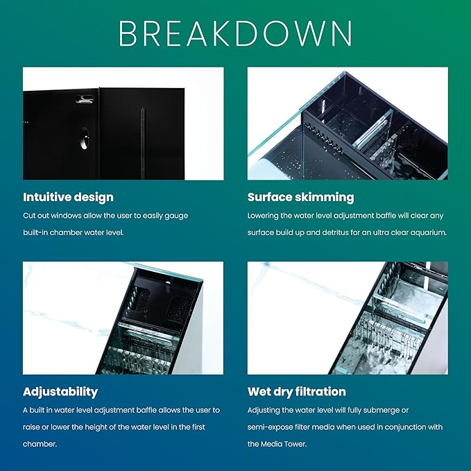 Ultum Nature Systems Dual AIO - Freshwater/Saltwater Compatible All in One Rimless Tank with Triple Chamber Filtration System, Integrated Filter Aquarium w/Leveling Mat - 21 Gallon, 90LA, Black