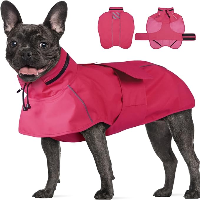 Large Dog Raincoat, Reflective Waterproof Rain Jacket with Convertible Hood/Collar, Lightweight Adjustable Dog Poncho with Leash Hole Full Coverage (Neon Pink, L)