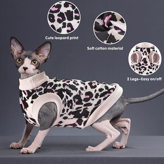 Idepet Cat Clothes Kitten Sweater Soft Kitten Shirt Cute Leopard Print Kitty Vest Pullover Pajamas Jumpsuit Cotton Apparel for Hairless Cats & Puppy (Pink,XXL)