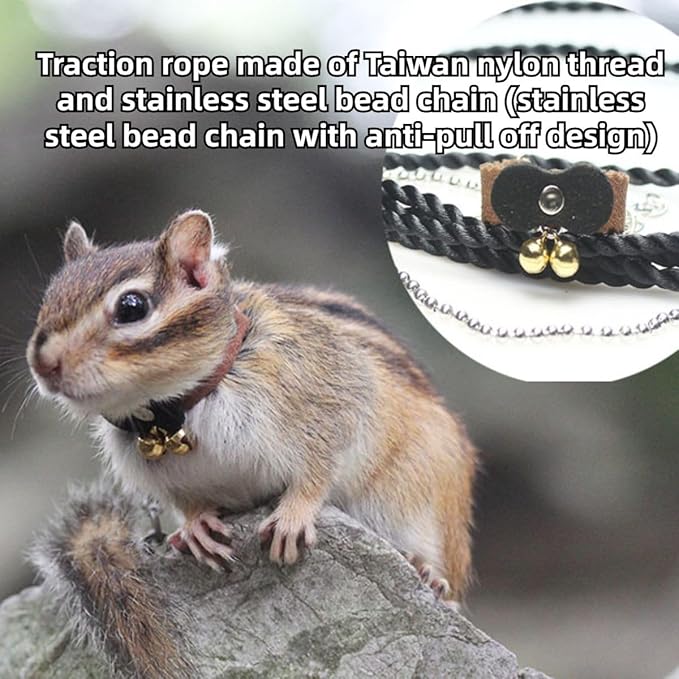 Squirrel Chipmunk Traction Rope Strap Anti-Biting Chain Rope, Small Animal Walking Collar Harness with Lead Leash for Hamster Gerbil Rat Mouse Ferret Chinchilla (Black with Blue)