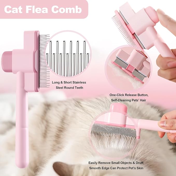 Cat Grooming Kit, 4-in-1 Cat Grooming Tools with Cats Brush, Flea Comb, Nail Clipper & Trimmer - Deshedding & Dematting for Pets Hair and Paws, Pet Shedding Set for Indoor Dogs & Cats (Blue)