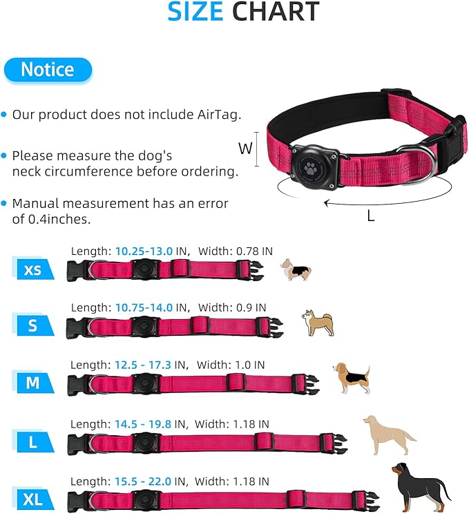 Upgraded AirTag Dog Collar, IP68 Waterproof Air Tag Dog Collar Holder, Reflective, Ultra-Durable, Comfortable Padded, Heavy Duty Dog Collars for Small Medium Large Dogs (XL (15.6"-22"), Hotpink)