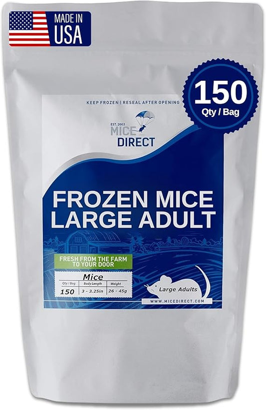 MiceDirect EST. 2003 150 Frozen Mice Large Adult Feeders Snake Food for Adult Ball Pythons Juvenile Red Tail Boas Monitors (3-3.25 in) (3900 Grams Min)
