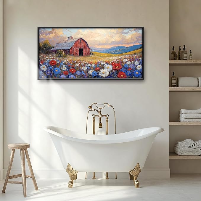 Large Farmhouse Barn Daisy Wall Art for Living Room, Floral Landscape Canvas Oversized Wall Decor, Flower Scenery Framed Pictures Painting Print Artwork for Bedroom Office 60"L x 30"W