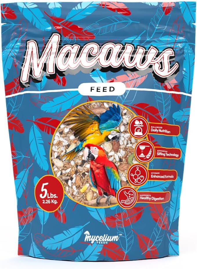 Mycelium Organic Macaw Bird Food (5 LB Bag) | Premium Seed, Pellet & Kibble Blend for Large Parrots | High-Protein, Digestive & Feather Support | Non-GMO, USA-Grown