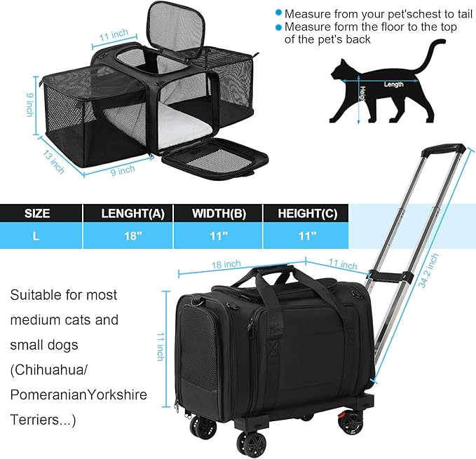 Pet Carrier Airline Approved, Expandable Pet Cat Carriers with Wheels for Dogs, Airline Approved Cat Dog Carrier, TSA Approved Pet Carrier In Cabin, Pet Dog Cat Carrier Soft,Cat Travel Carriers(Black)