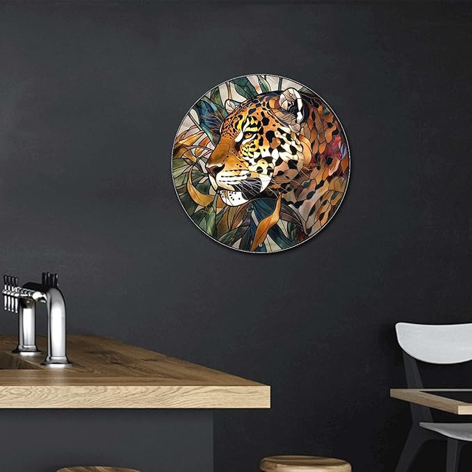 Lygond Metal Sign Tin Sign Circular Stained Glass Jaguar Tin Sig For Pet 8×8 Inches
