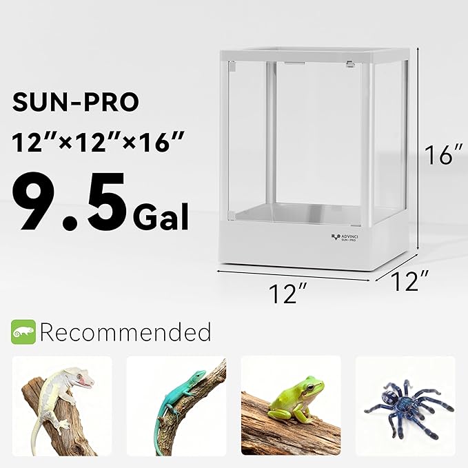 Reptile Glass Terrarium 12"x12"x16" 9.5 Gallon Knock-Down Dual-Locking Security Mesh Ventilation Durable Aluminum Frame Stackable Easy Assembly Customizable Side Panels (Glass or Insulated)