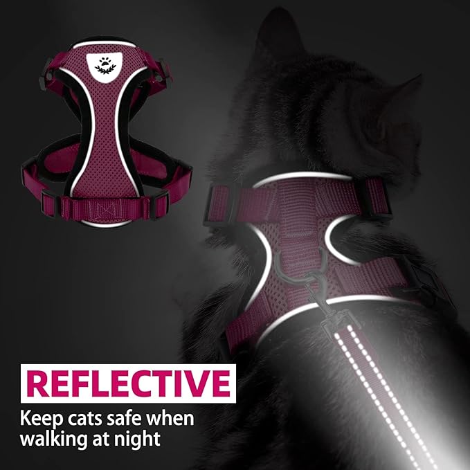 PUPTECK Cat Harness and Leash Set Escape Proof Reflective Cat Walking Harness Adjustable Soft Breathable Mesh Vest for Small Pets, Deep Pink, S