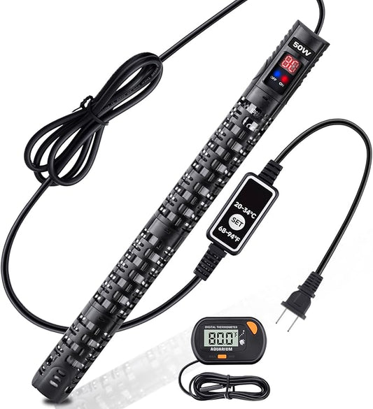 Aquarium Heater Submersible Fish Tank 50W& Turtle Tank Heater with External Adjustment Controller, Included Thermometer, LED Display, Overheat Protection, Detachable Cover, for Saltwater&Freshwater