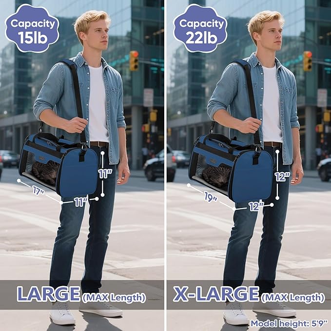 BALEINE Cat Carrier, Puppy Dog Carrier for Small Medium Pets Up to 22 Lbs, Soft-Sided Dog Travel Bag with Safety Zippers, Collapsible Pet Carrying Case (Blue, XL, 19"x12"x12")