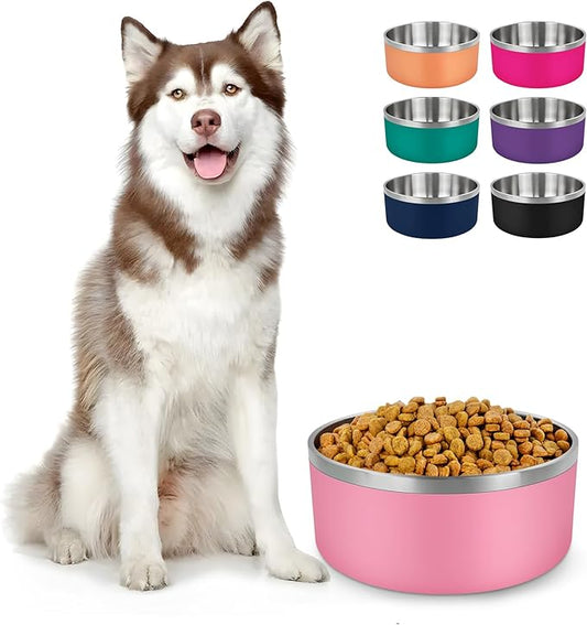 LIHONG Stainless Steel Dog Bowls for Large Dogs,Dog Food Water Bowls with Non Slip Rubber Bottom,Pet Feeding Bowl,Double Wall Insulated,Rustproof(64oz,Pink)