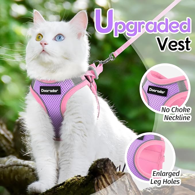 Dooradar Cat Harness and Leash Set, Escape Proof Lightweight Kitten Harness, Soft Breathable Reflective Vest for Outdoor Walking Traveling, Adjustable for Small Cats, Purple & Pink, S